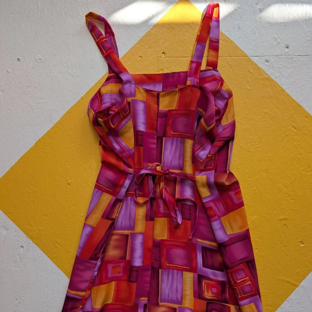 90s Vintage Tickets Mini Dress Windowpane Pink Orange Red Squares Tie Back - Picture 3 of 10